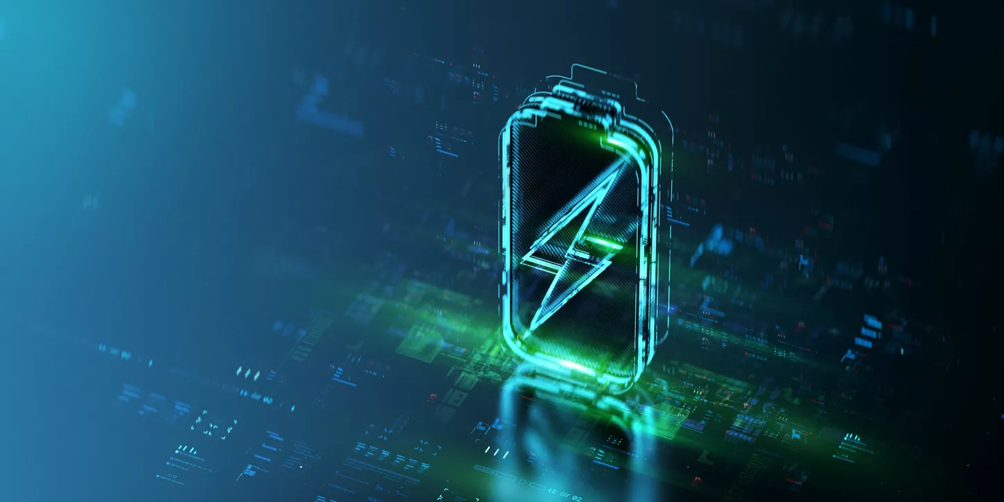 Digital battery hologram against a backdrop of future technology